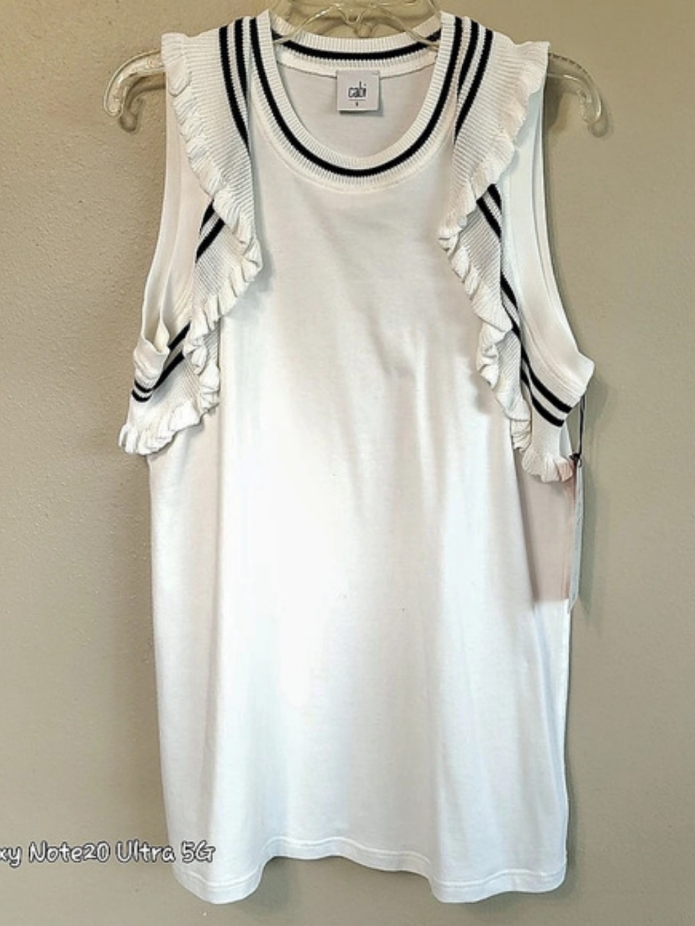 Cabi Topspin Tee Ruffle Striped Knit Sleeve Trim Tank White NWT 5199 Small